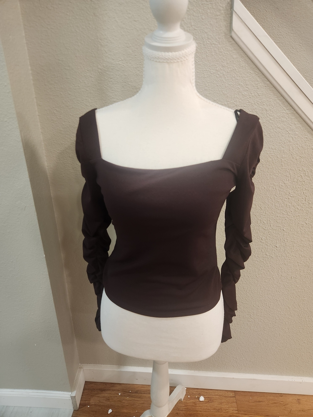 H&M Dark Brown Square Neck Long Sleeve Ruching Top